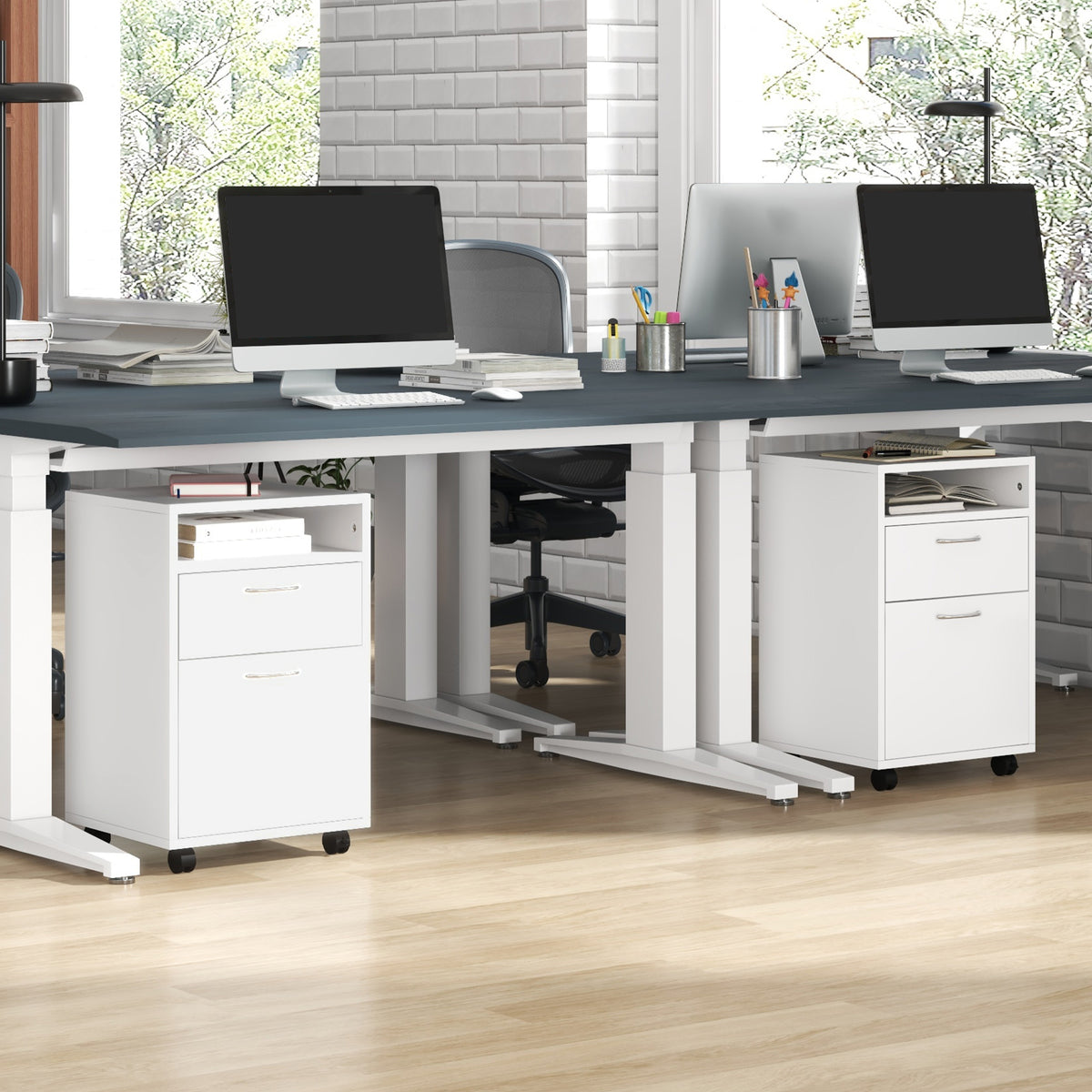Lot de 2 caissons de bureau rangement de bureau sur roulettes tiroir placard niche panneaux particules blanc-1