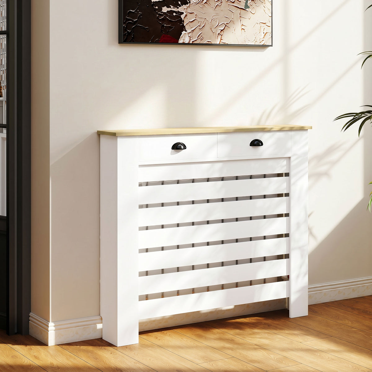 Couvercle de radiateur cache radiateur grille à lattes horizontales avec 2 tiroirs en bois 111l x 19P x 95,5H cm blanc-1