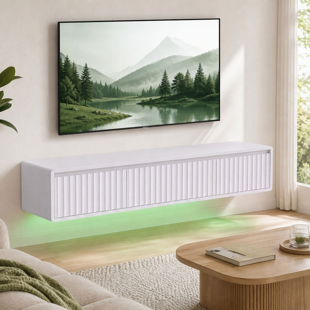 Meuble TV Suspendu Flottant 120 cm avec Éclairage LED et Prises, Meuble Télé pour Téléviseur 65 Pouces, Blanc-1