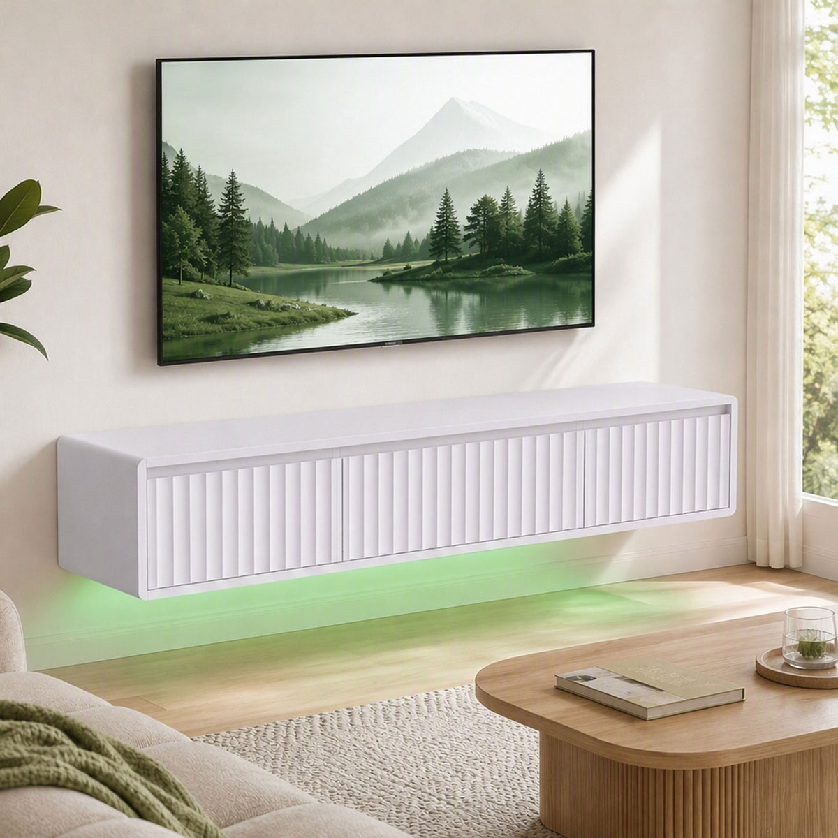 Meuble TV Suspendu Flottant 120 cm avec Éclairage LED et Prises, Meuble Télé pour Téléviseur 65 Pouces, Blanc-1