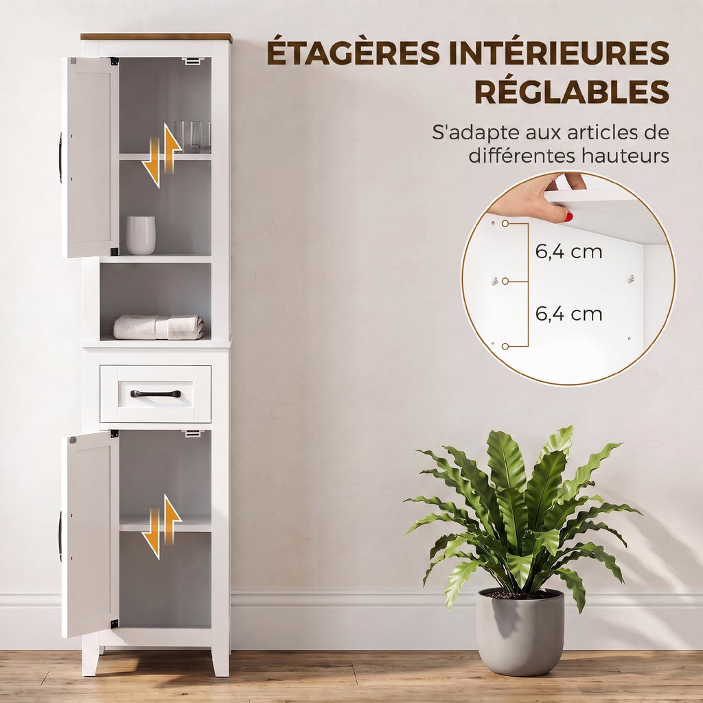 Meuble de salle de bain, meuble de rangement, 2 portes, tiroir, compartiment ouvert et étagères réglables, blanc-4