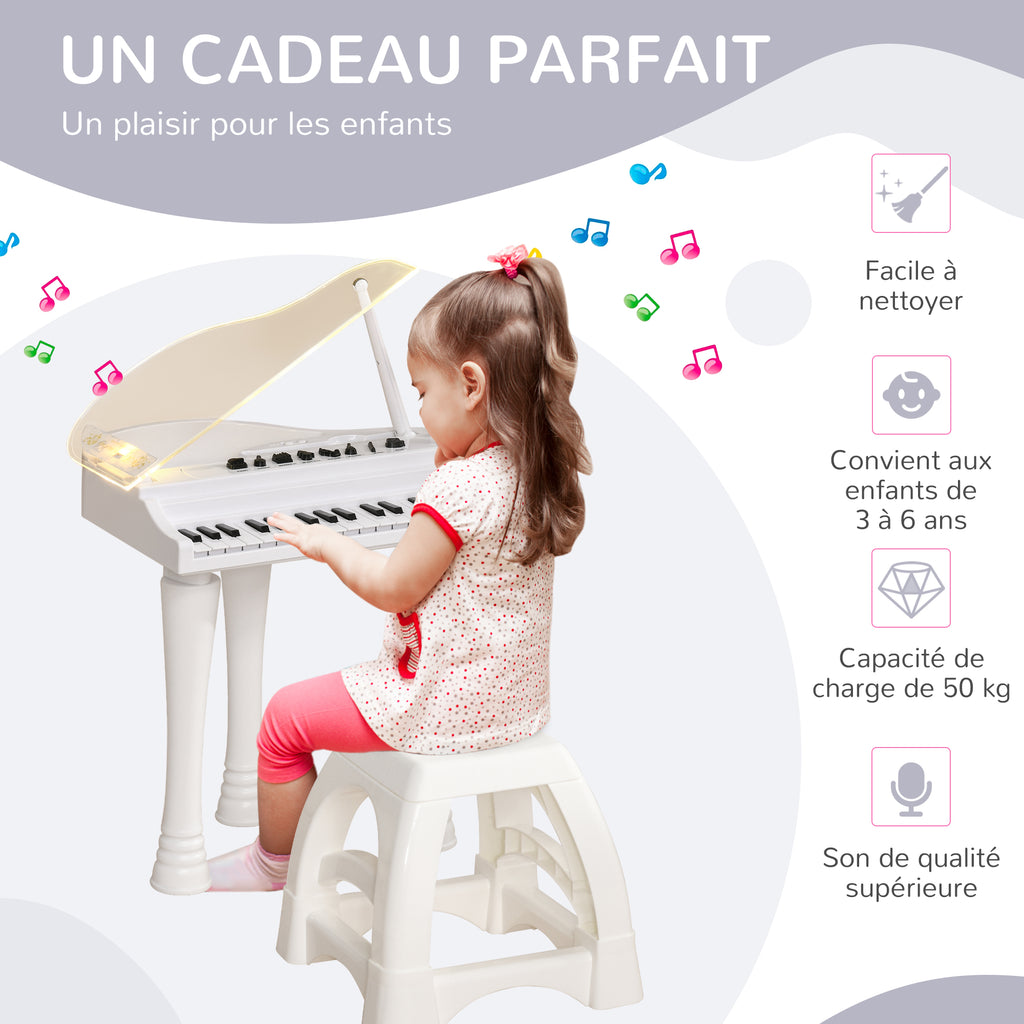 Piano enfant électronique 32 touches multifonctions avec micro haut parleur tabouret couvercle lumineux LED blanc-6