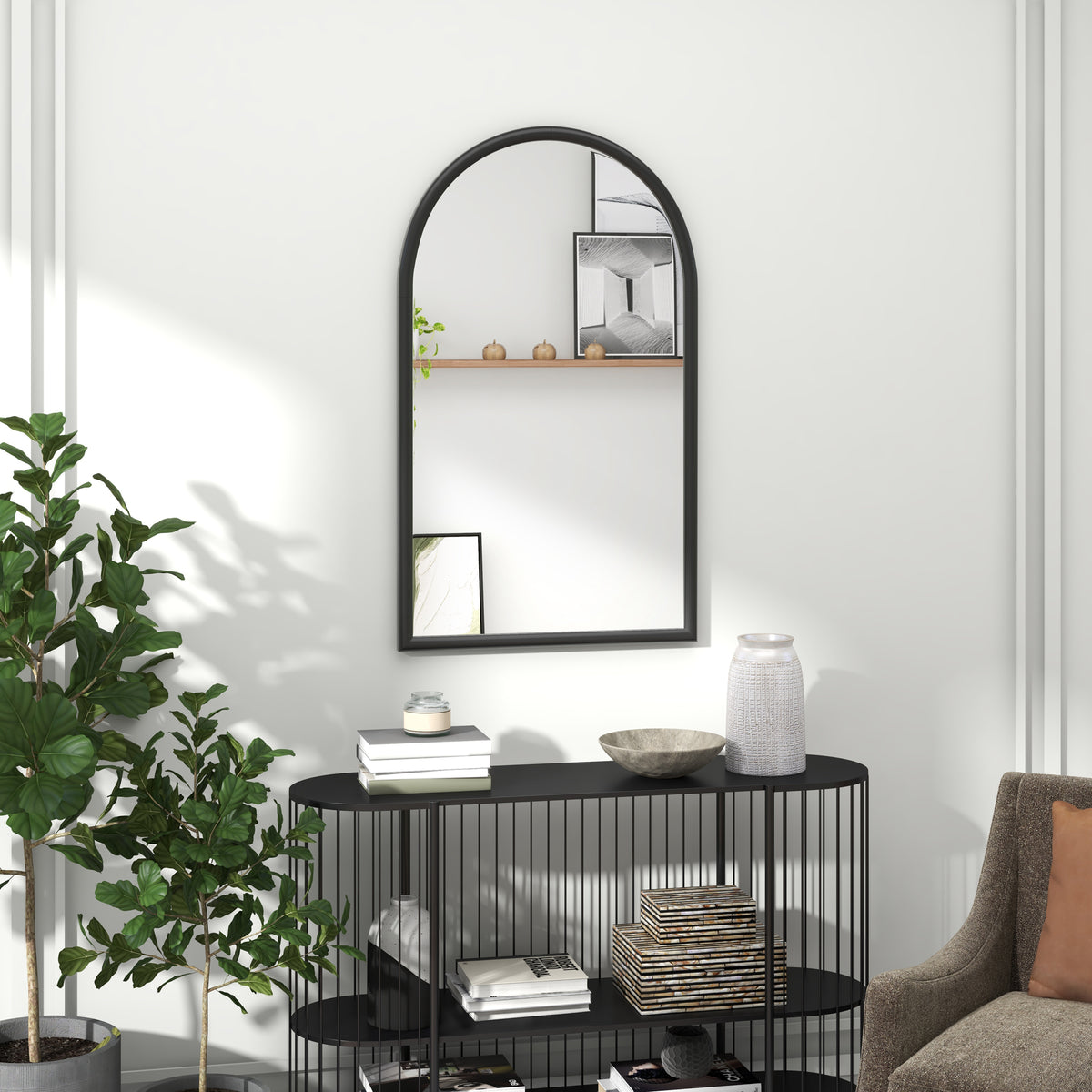 Miroir mural arche, 110 x 65 cm Cadre en bois, Miroir arqué pour le salon, la chambre, l'entrée, noir-1