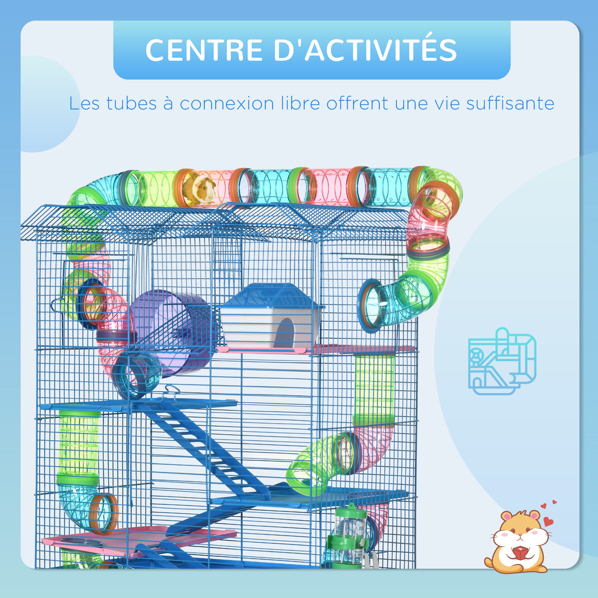 Cage pour Hamster Souris Petit Animaux Rongeur avec Tunnel Mangeoire Roue Jouet 47 x 30 x 59 cm Bleu-6