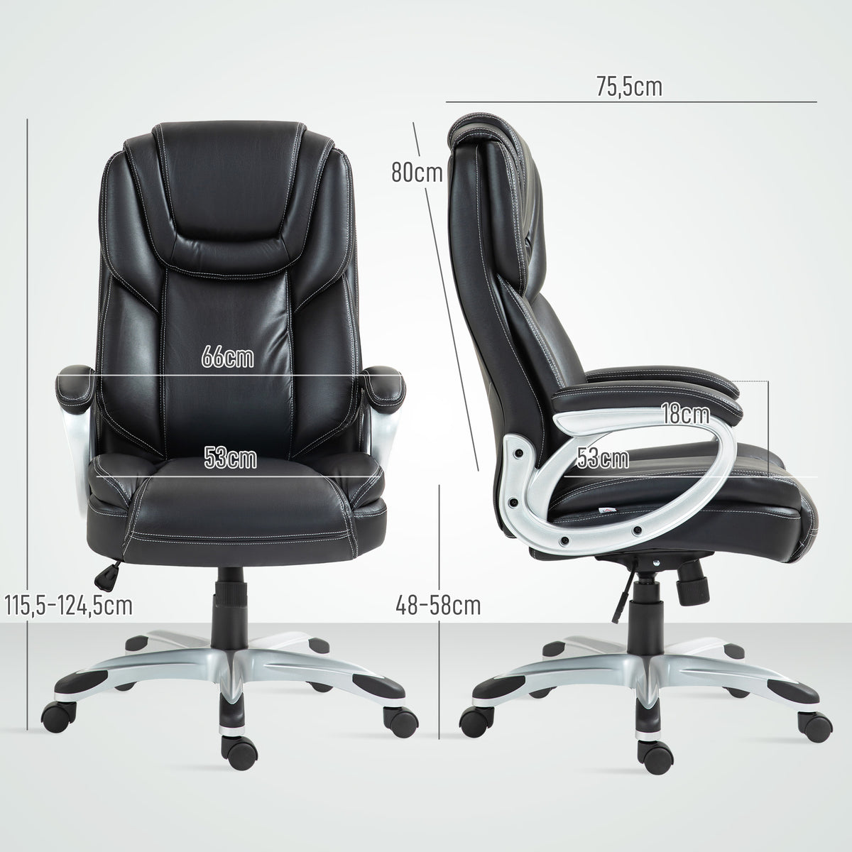 Chaise de bureau fauteuil de bureau avec fonction bascule roulettes pivotantes 360° 66 x 75,5 x 115,5-124,5 cm noir-2