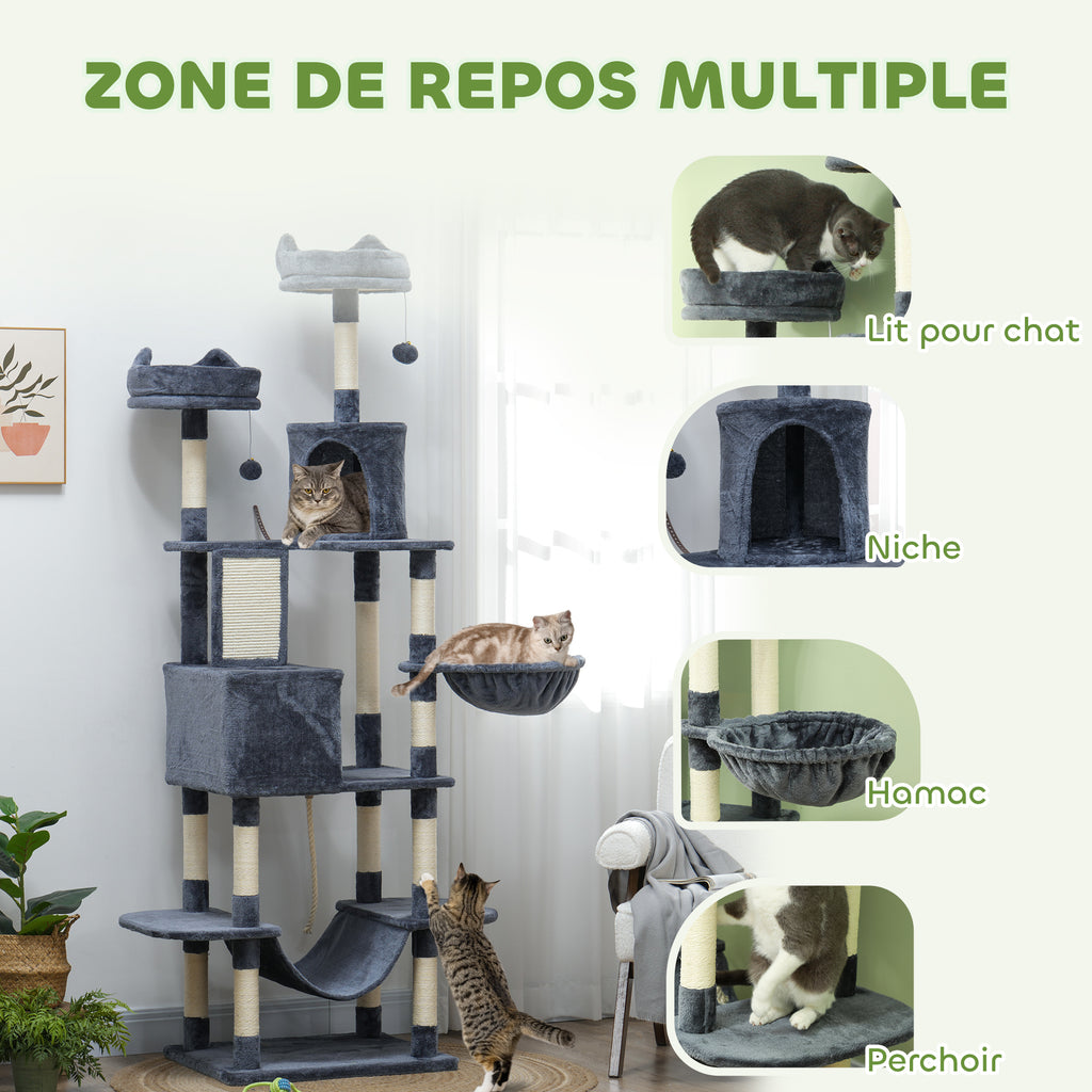 Arbre à chat 206 cm tour de jeux pour chat en peluche plusieurs niveaux idéal pour 1-3 chats 60 x 50 x 206 cm gris foncé-3