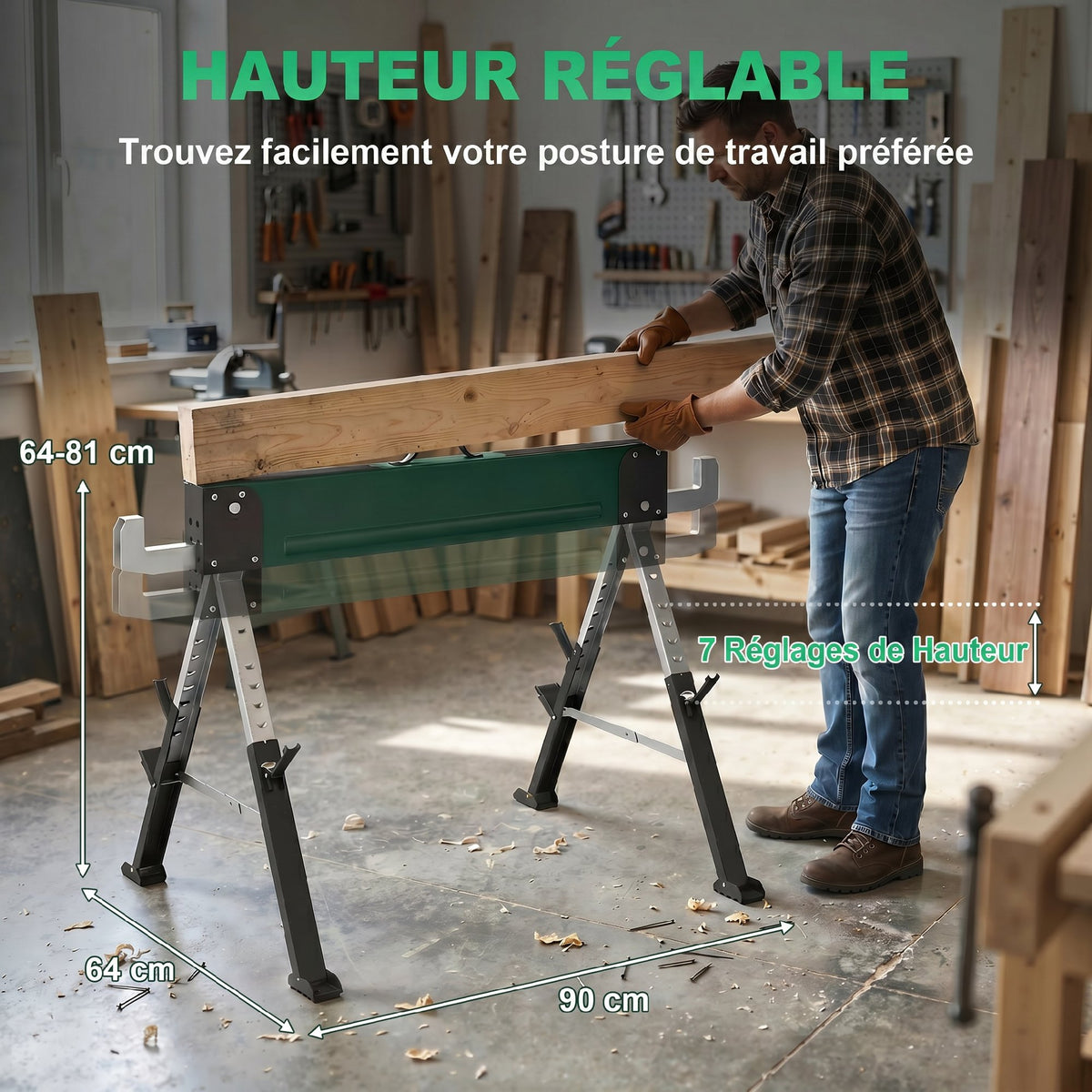 lot de 2 tréteaux pliables en métal, charge max 1160 kg, hauteur réglable 64-81cm, poignée de transport, vert-4