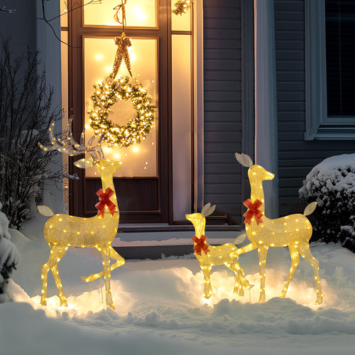 3 cerfs lumineux Noël, en forme de famille de cerfs, rennes lumineux Noël, en acier, 283 LED blanc chaud, or-1