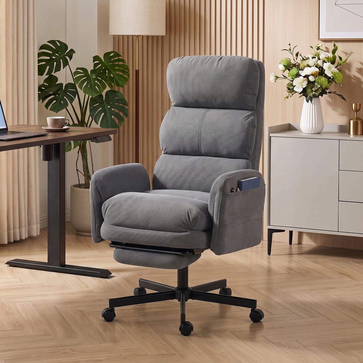 Chaise Bureau Ergonomique, Accoudoirs Rabattables, Appui-tête Réglable, Fauteuil Bureau Inclinable Velours Côtelé, Gris-1