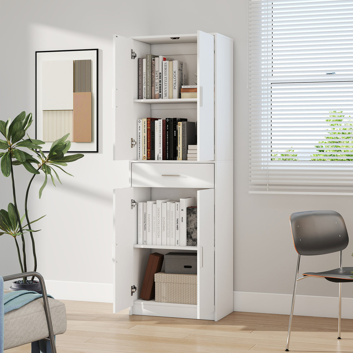 Armoire de cuisine moderne avec placards à portes, étagères réglables et tiroir, 60 x 35 x 180 cm, blanc-7