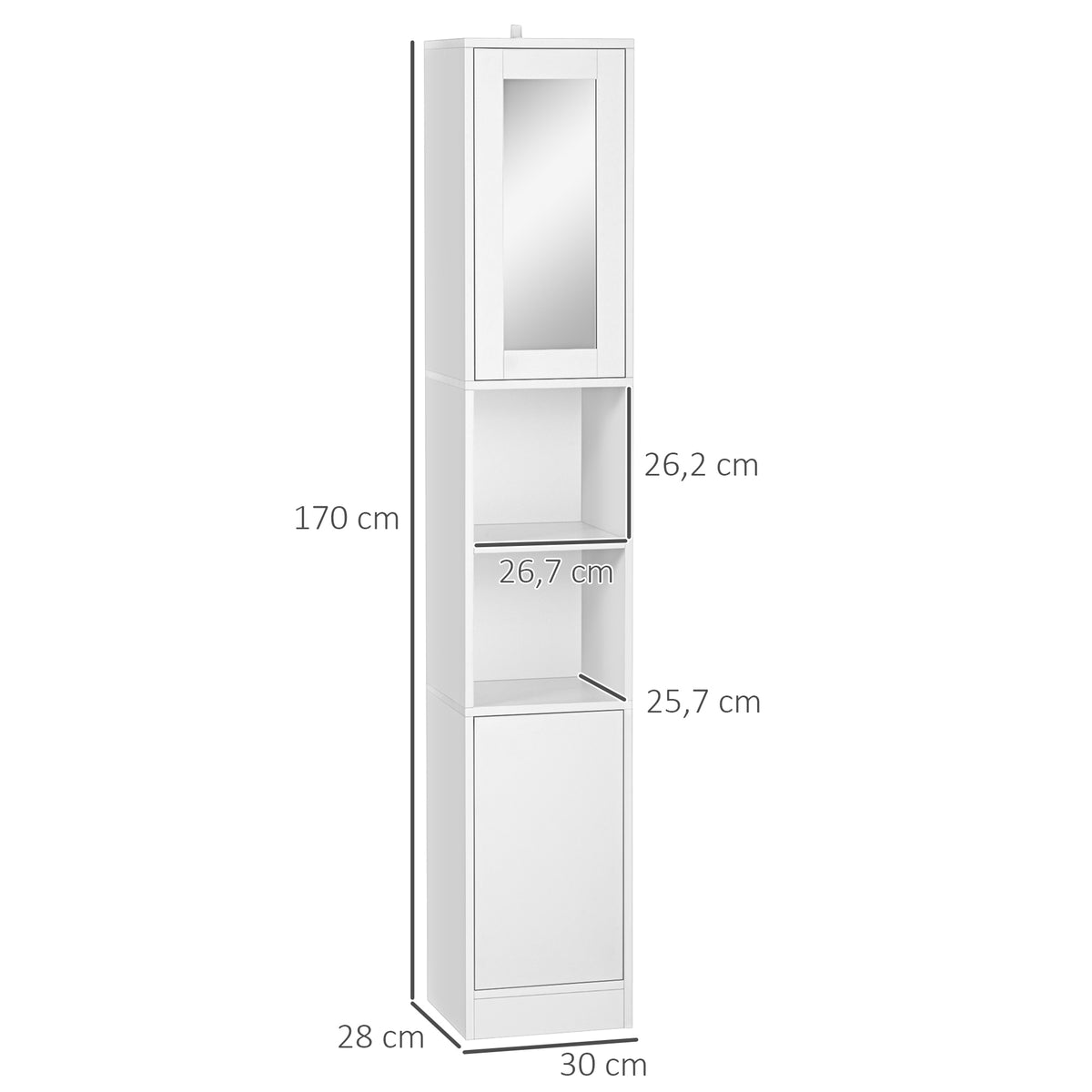 Armoire salle de bain haute, meuble de rangement colonne avec miroir, 2 portes, étagères réglables, 30x28x170cm, blanc-2
