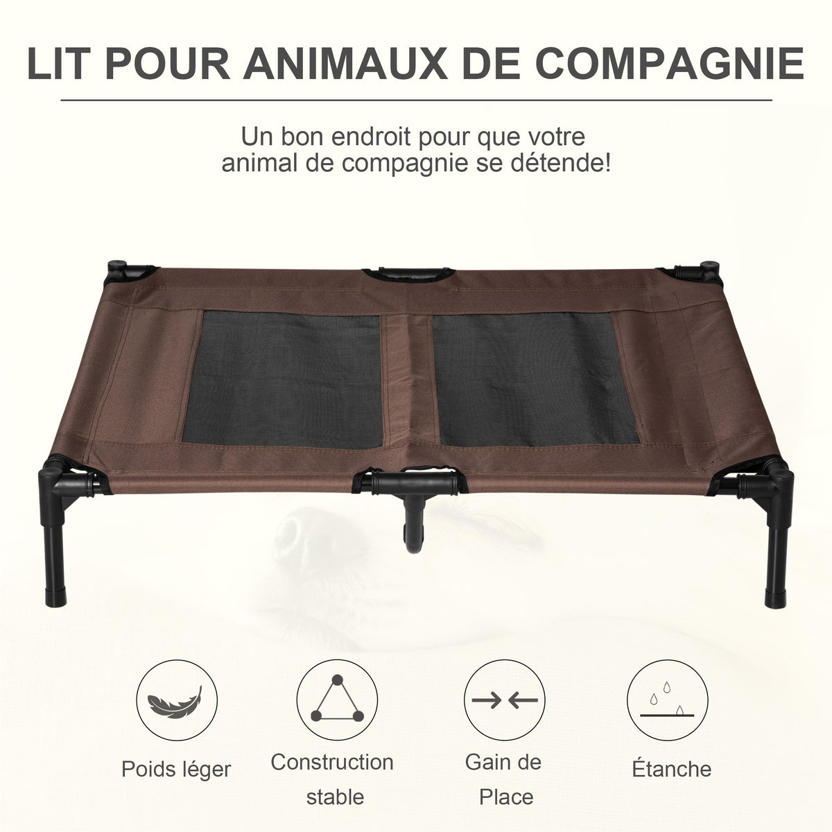 Lit sur pieds lit pour chien chat lit de camp lit surélevé animaux grand confort tissu Oxford textilène micro-perforé métal 92L x 76l x 18H cm café-7