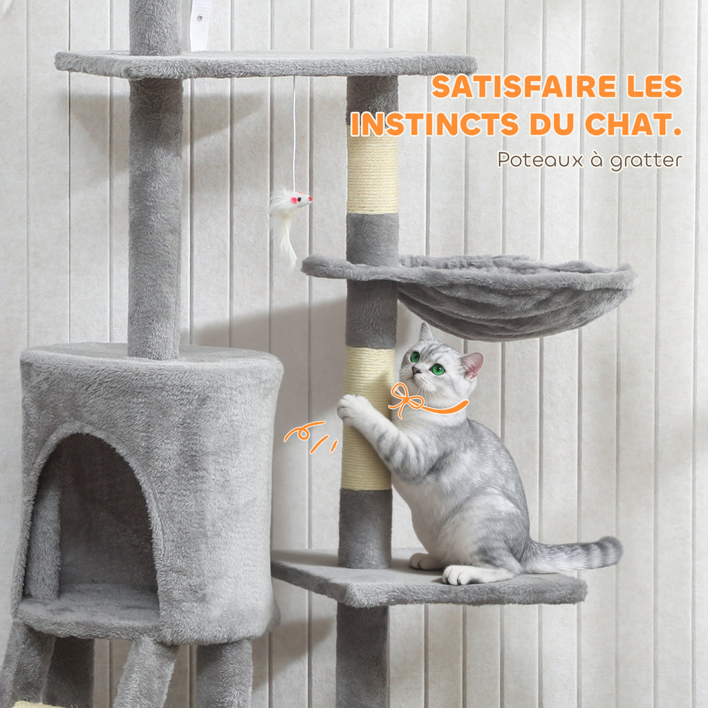 Arbre à Chat Tour de Jeux pour Chats Stable Multi-Niveaux avec Niche 3 Plate-Formes Hamac 60x35x134cm Gris-6