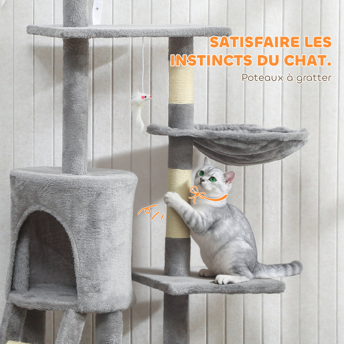 Arbre à Chat Tour de Jeux pour Chats Stable Multi-Niveaux avec Niche 3 Plate-Formes Hamac 60x35x134cm Gris-6