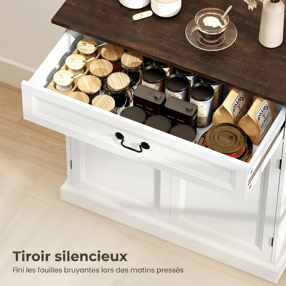 Buffet salon, meuble de rangement avec 2 portes, tiroir silencieux, étagère réglable, 80x40x85cm, blanc et marron-4