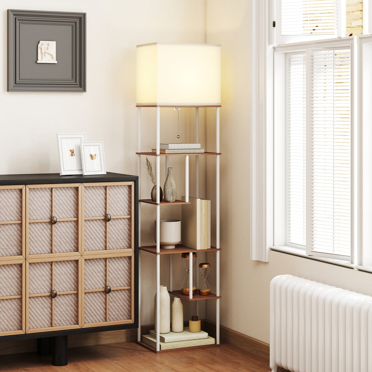 Lampadaire avec étagères, lampadaire sur pied de salon dimmable, télécommande, 40 x 29 x 171 cm, bois naturel-7