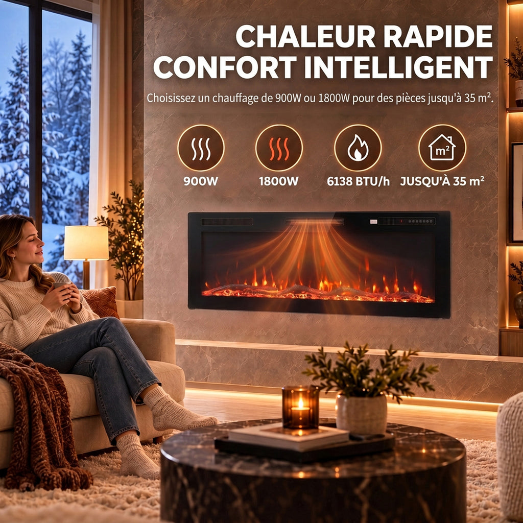 Cheminée Électrique Encastrable Murale ou à Poser 3 en 1 Cheminée Décorative Extra-Plat 900W/1800W Effet Flamme 3D Noir-5