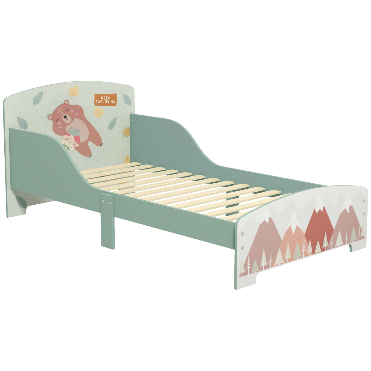 Lit pour enfant 3-6 ans avec barrières de sécurité et motifs dim. 77 x 143 x 60 cm sommier à lattes inclus - Vert-0