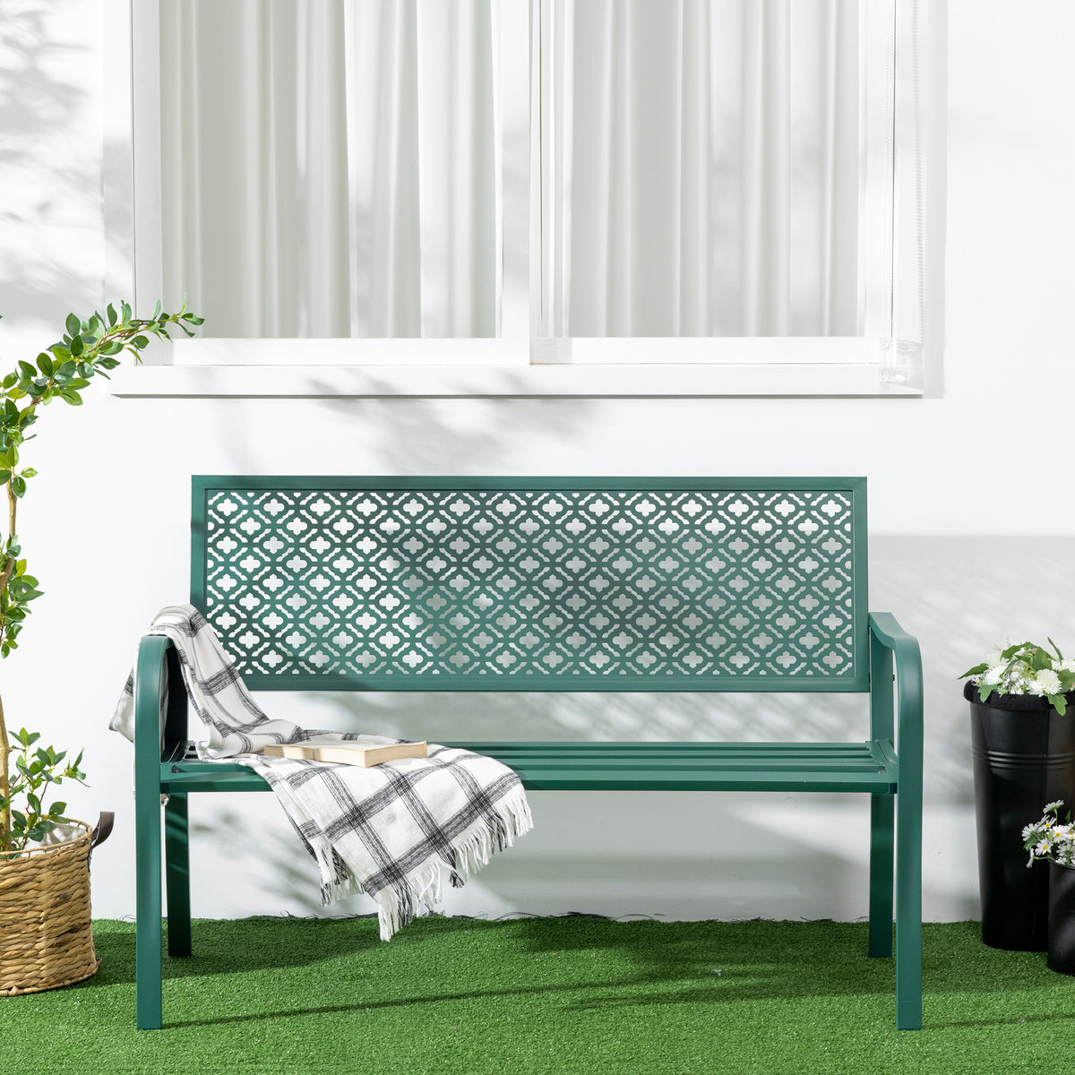 Banc de jardin banc extérieur jardin en acier avec dossier à motif floral pour 2 personnes 127 x 63 x 83 cm vert foncé-5