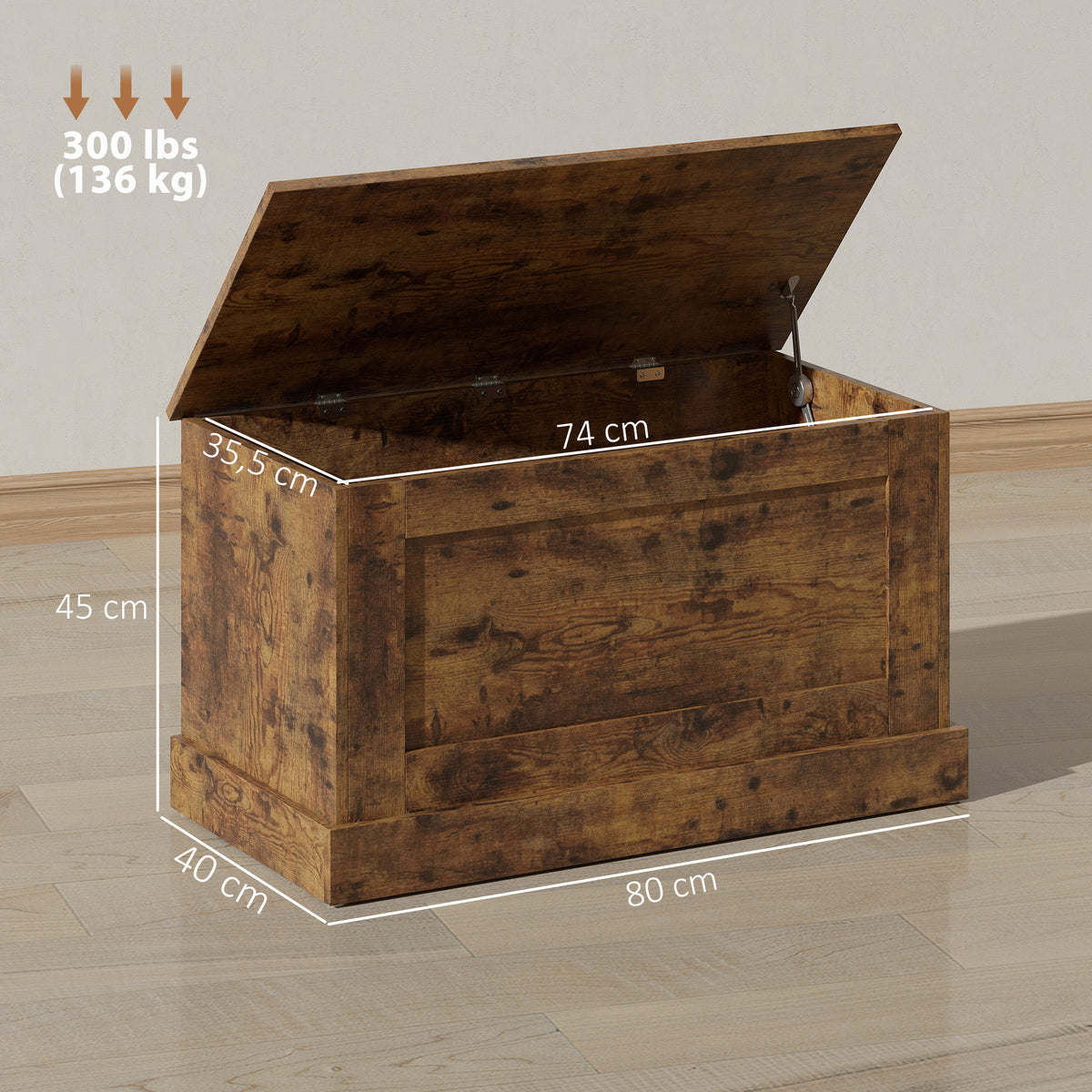 Coffre de rangement, coffre à jouets, avec charnière de sécurité, pour salon, en bois, 80 x 40 x 45 cm, brun rustique-2