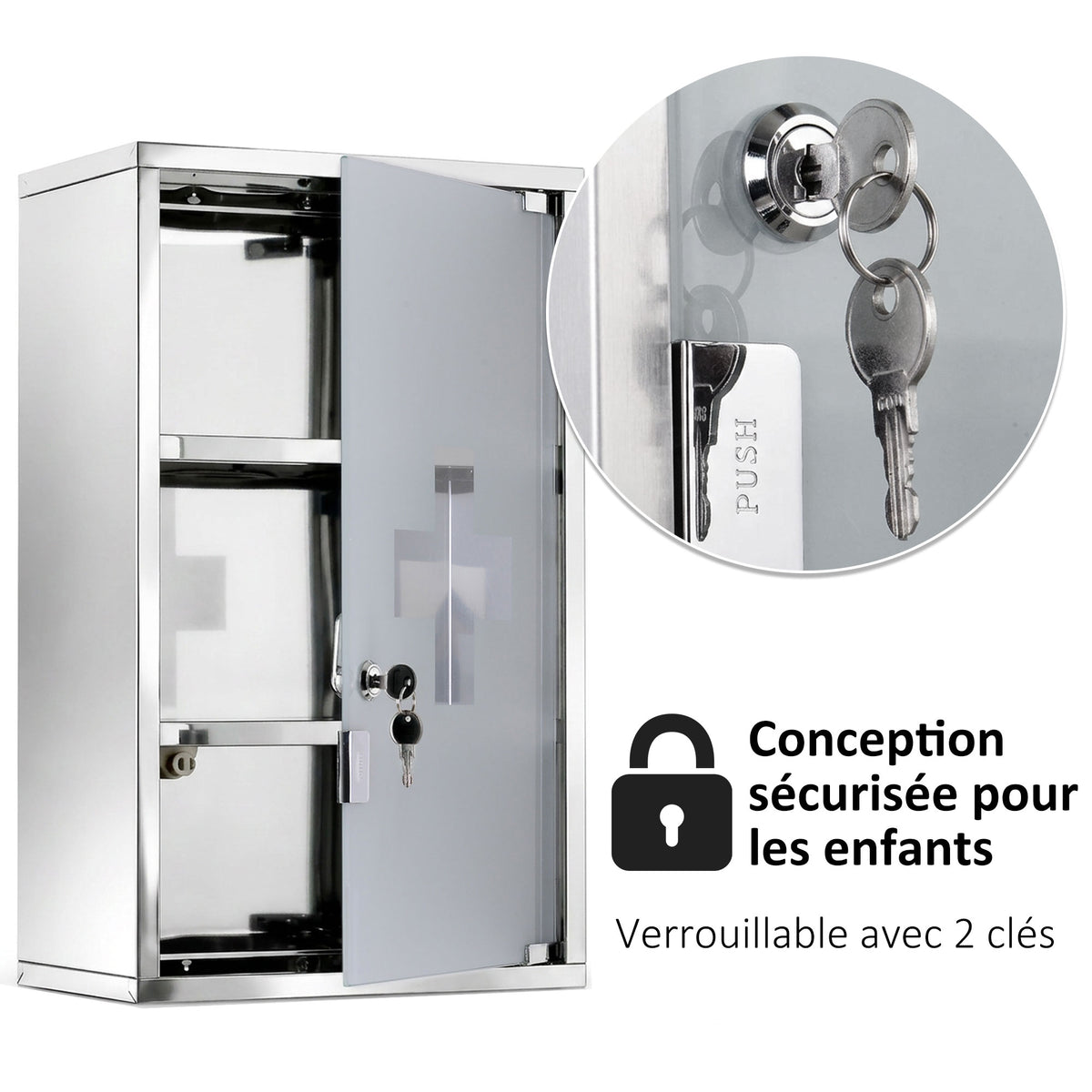 Armoire à pharmacie murale à 3 niveaux en acier inoxydable avec porte verrouillable en verre avec 2 clés-3