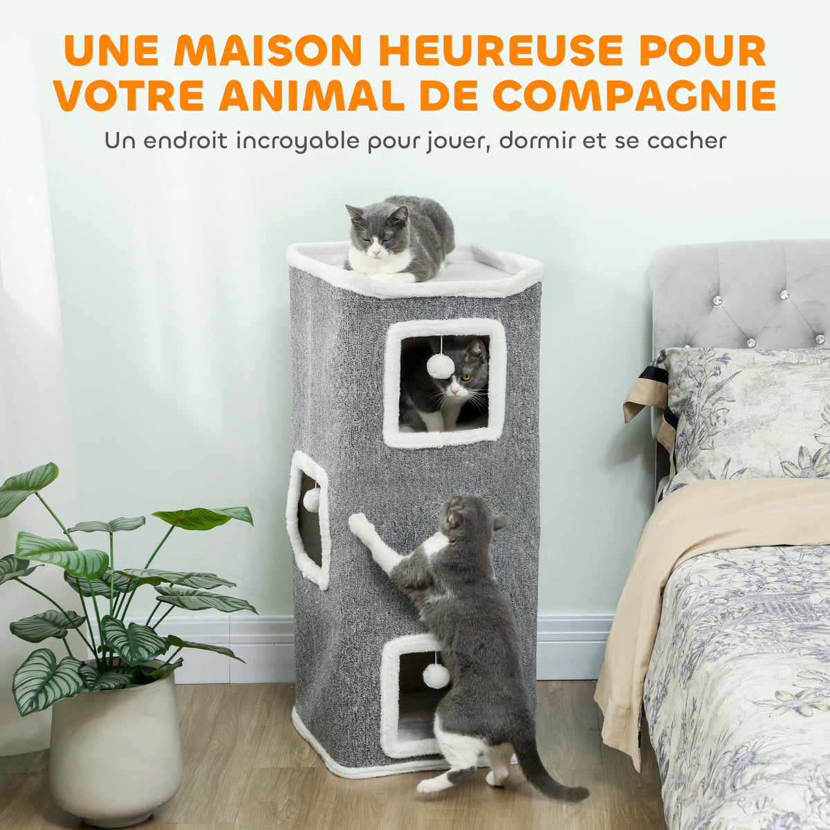Tour pour chat 4 niveaux, arbre à chat stable boules de jeu plateforme supérieure bord en peluche, 41x 41 x 100 cm, gris-3