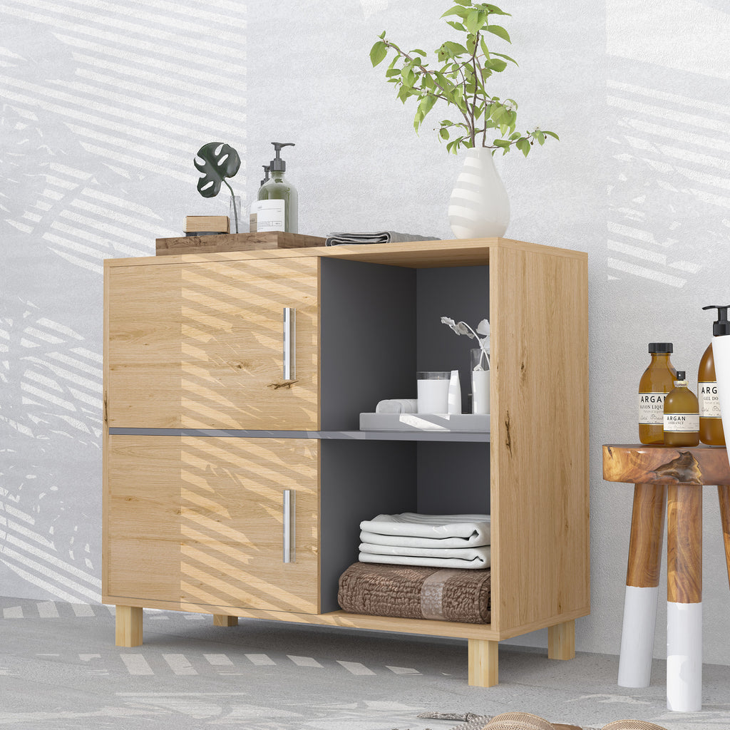 Meuble de salle de bain, meuble de rangement avec compartiments ouverts et placard, dim. 80 x 35 x 70 cm, bois naturel-6