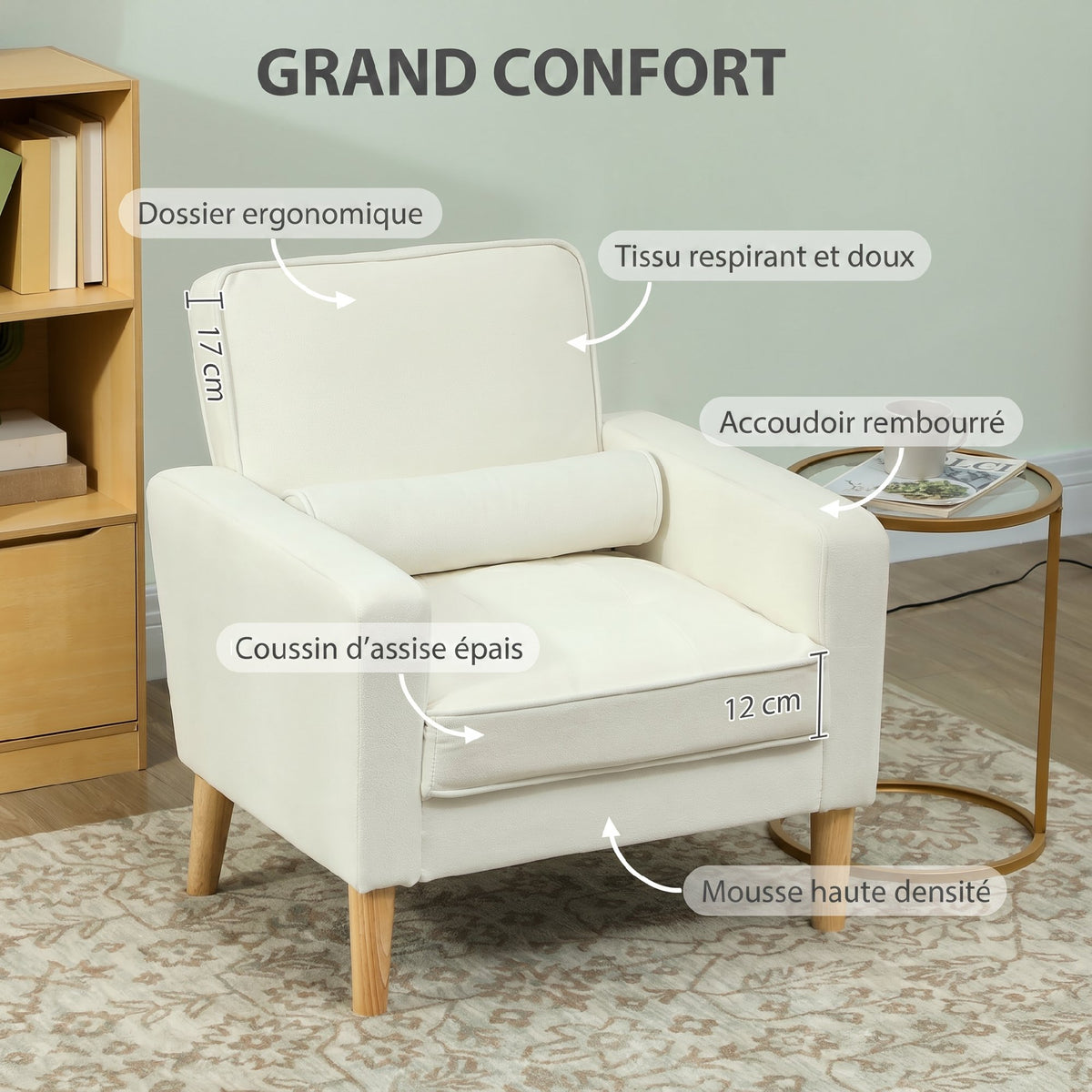 Fauteuil de salon en velours, canapé 1 place rembourré avec assise large, pour chambre, salon, petit espace, crème-4