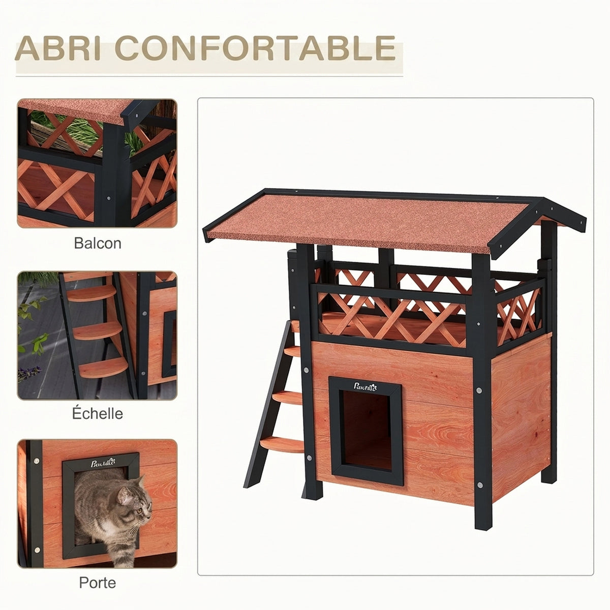 Cabane Chat Extérieur avec Terrasse, Escalier, Toit, Niche Villa, 77 x 50 x 73 cm Marron et Rouge-3