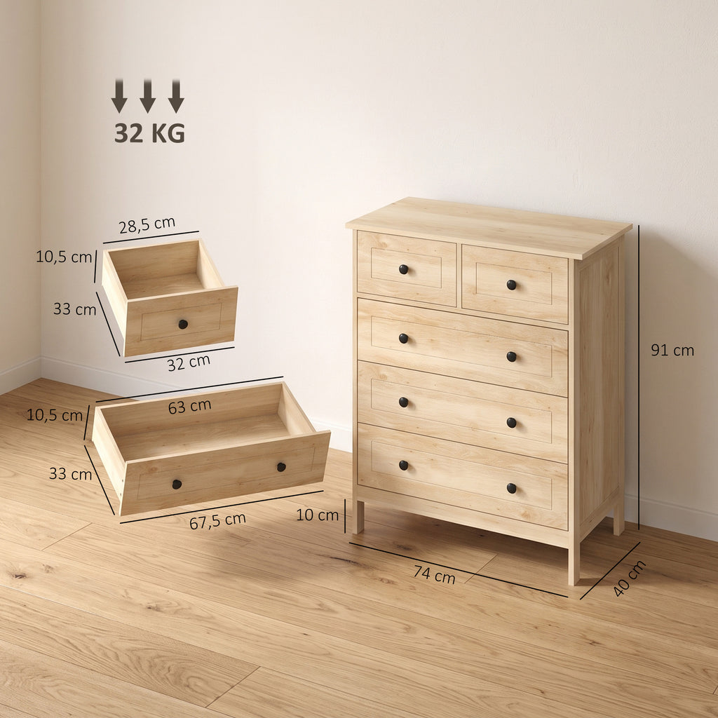 Commode meuble de rangement 5 tiroirs pour chambre, bureau, entrée, chêne et poignée métal noir-2