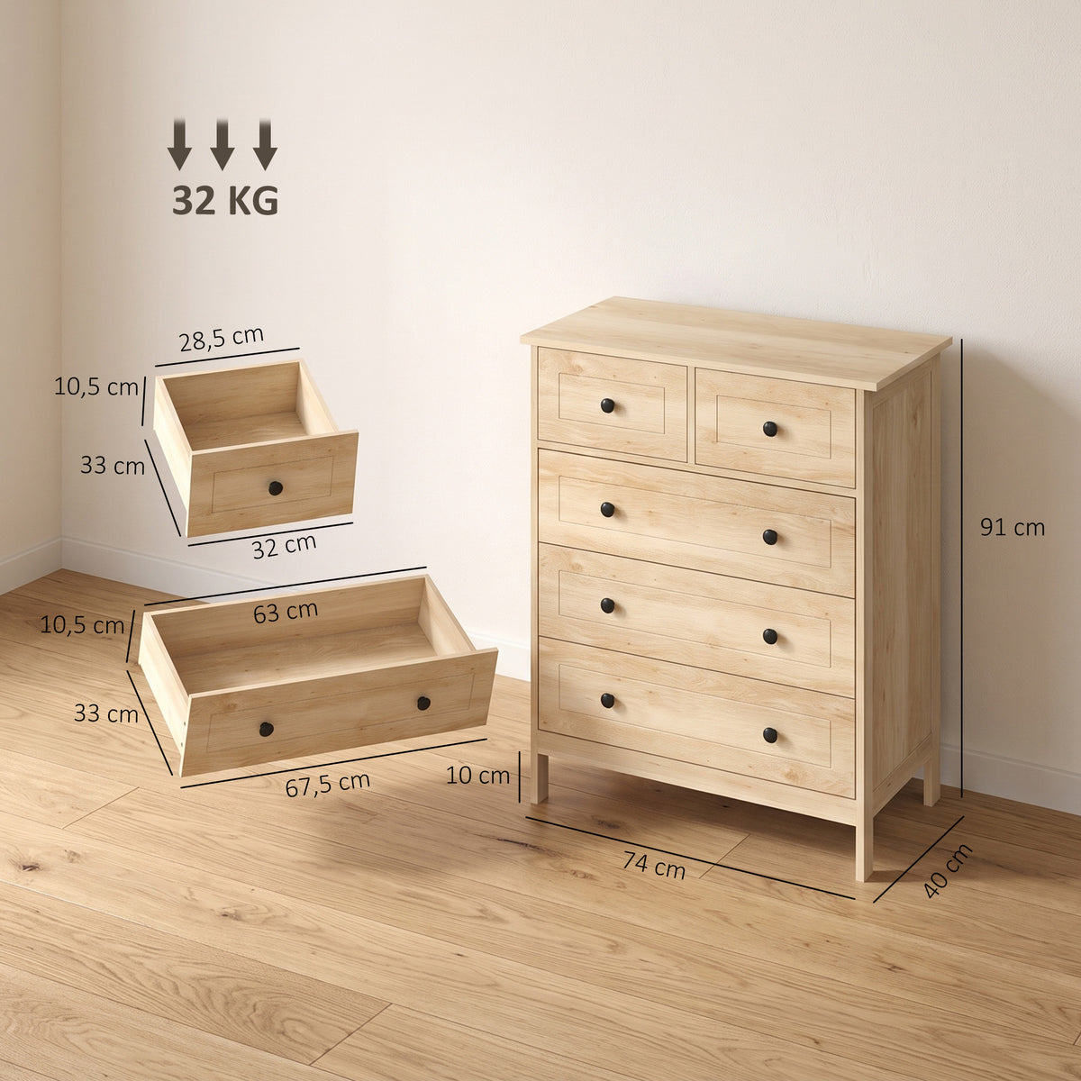 Commode meuble de rangement 5 tiroirs pour chambre, bureau, entrée, chêne et poignée métal noir-2