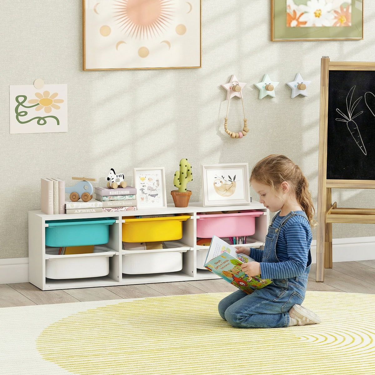 Meuble rangement enfant à 2 niveaux, étagère de rangement pour jouets enfants avec 6 bacs amovibles, 97x21x29cm, blanc-1