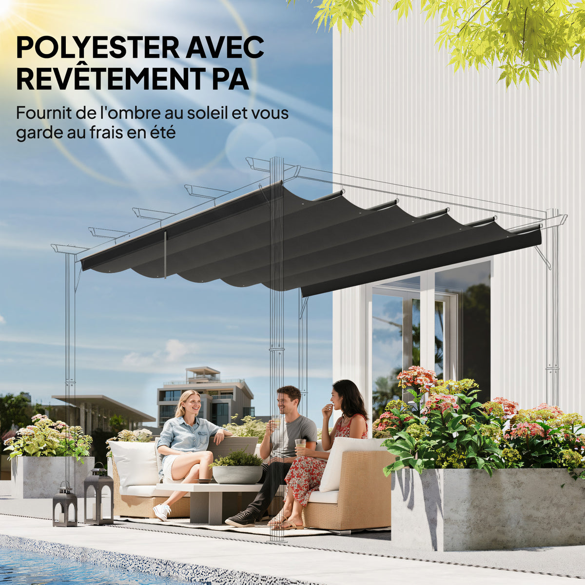Toile de toit pour pergola tonnelle rétractable de 3 x 3 m - toile uniquement 250 x 255 cm gris foncé-4