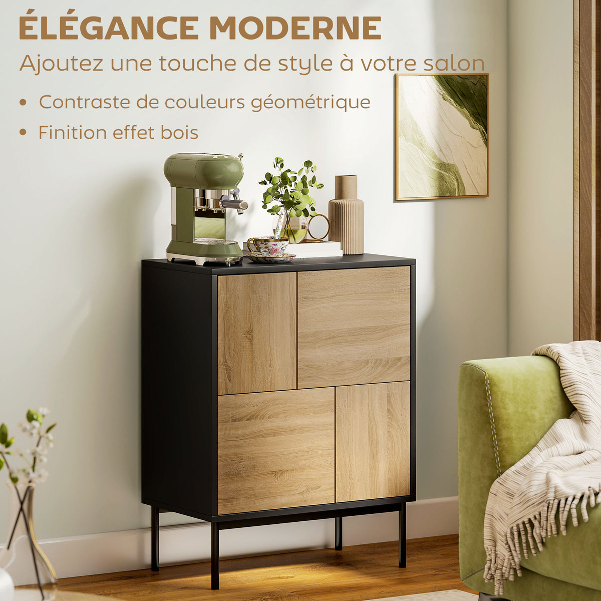 Buffet salon meuble de rangement armoire de cuisine portes à pousser et 4 placards style moderne 60 x 35 x 78 cm, noir-4