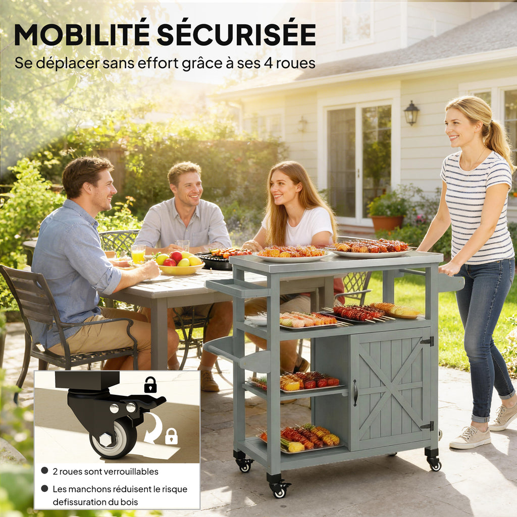 Desserte jardin chariot de barbecue sur roulettes avec plateau en acier inoxydable 107x49,5x92,5cm gris-6