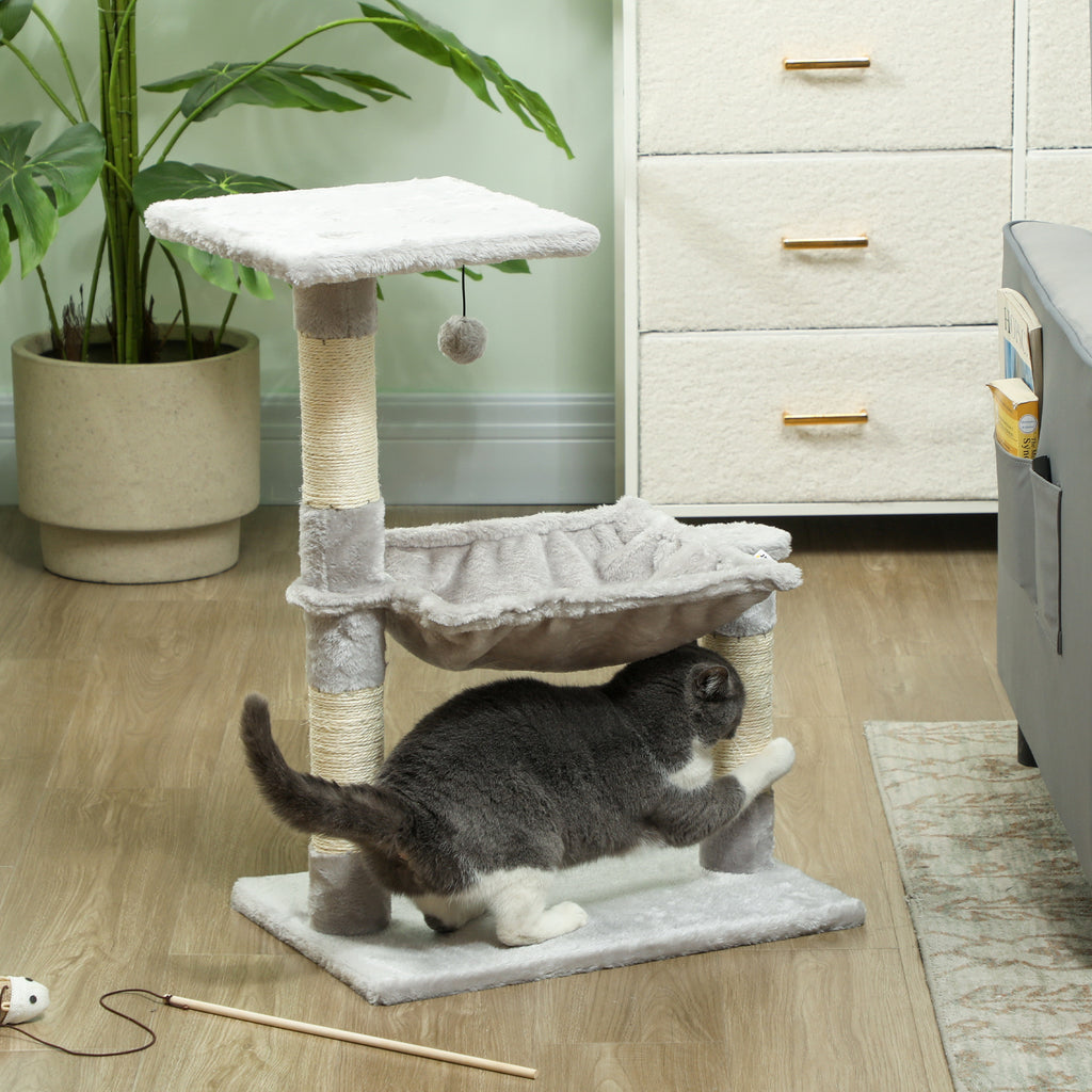 Arbre à chat 3 griffoirs grattoirs sisal naturel plateforme hamac et boule suspendue 50 x 26 x 70 cm peluche courte gris-9