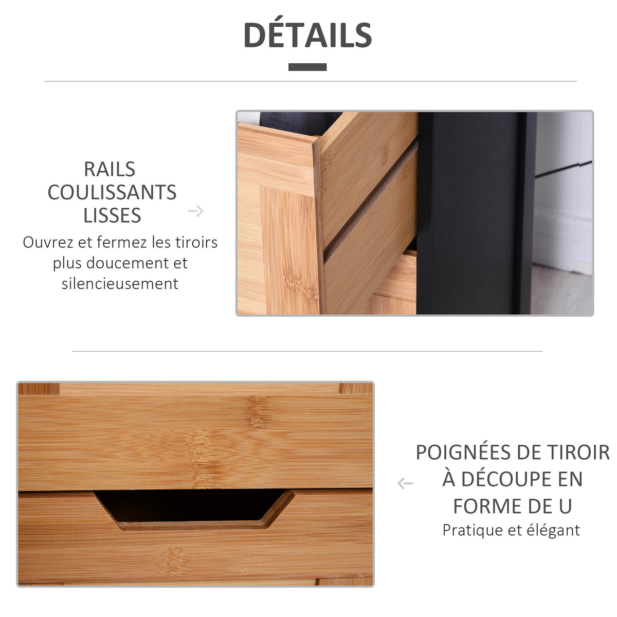 Meuble Colonne Rangement Salle de Bain Style Cosy dim. 30L x 30l x 144H cm 3 étagères 2 tiroirs Bambou Noir-4