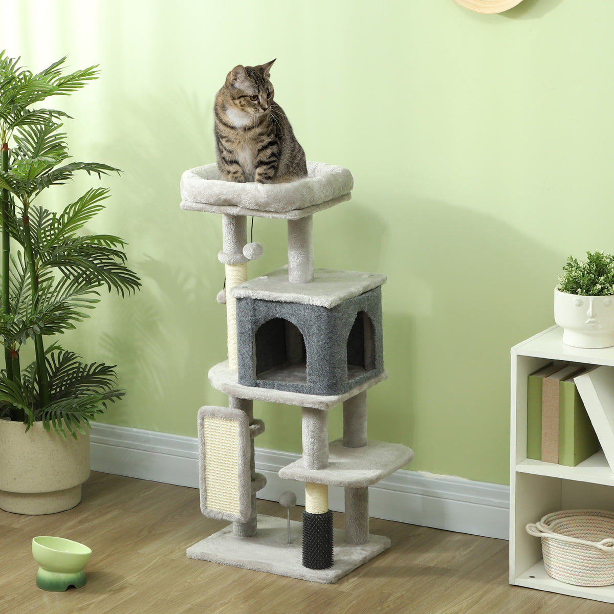 Arbre à chat, tour de jeux, hauteur de 104 cm, avec lit maison, brosse de toilettage,  44l x 34P x 104H cm, gris clair-1