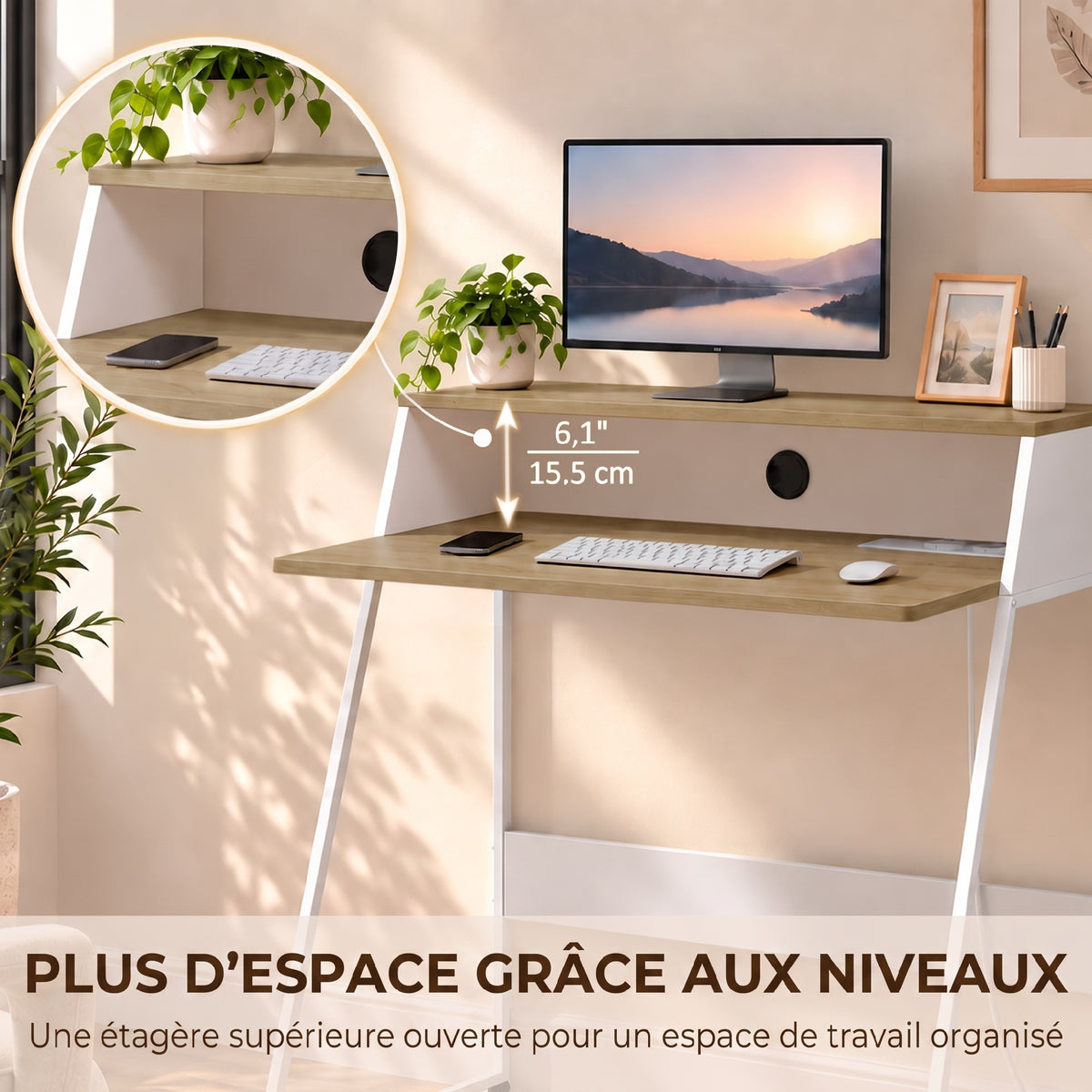 Bureau d'Ordinateur, 90 x 50 cm, Bureau avec Rangement, Étagère Ouverte et Cadre en Acier, Chêne et Blanc-3
