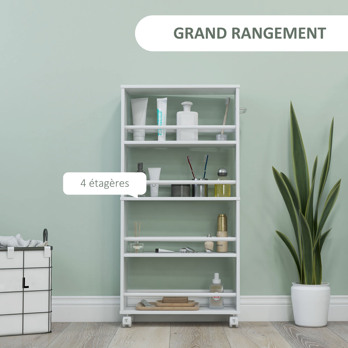 Chariot de rangement à 4 niveaux, desserte à roulettes avec poignées, desserte étroite, 45 x 15 x 91 cm, blanc-3