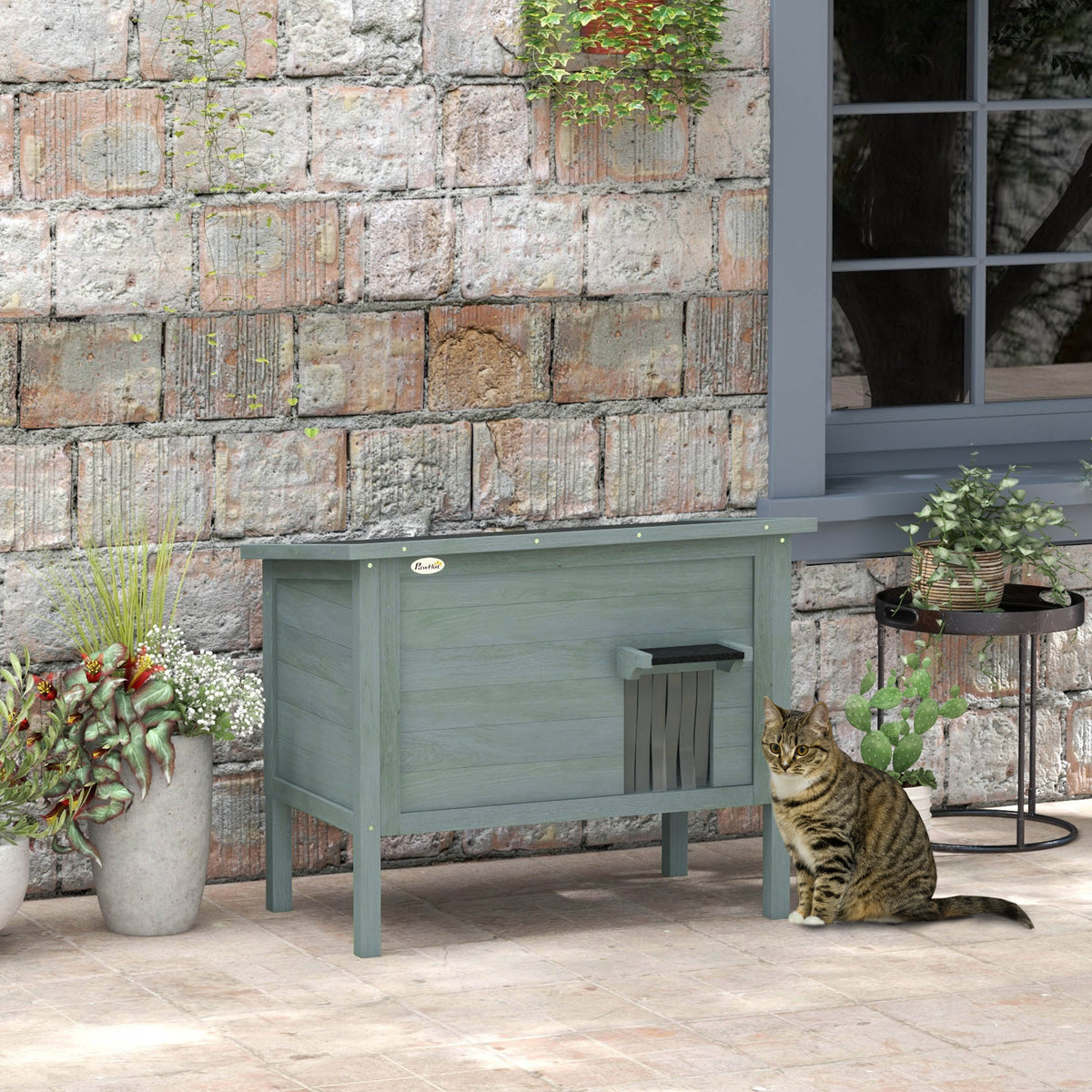 Maison pour chats niche d'extérieur en bois surélevée avec toit ouvrable isolée  85 x 50 x 68,5 cm gris foncé et noir-9