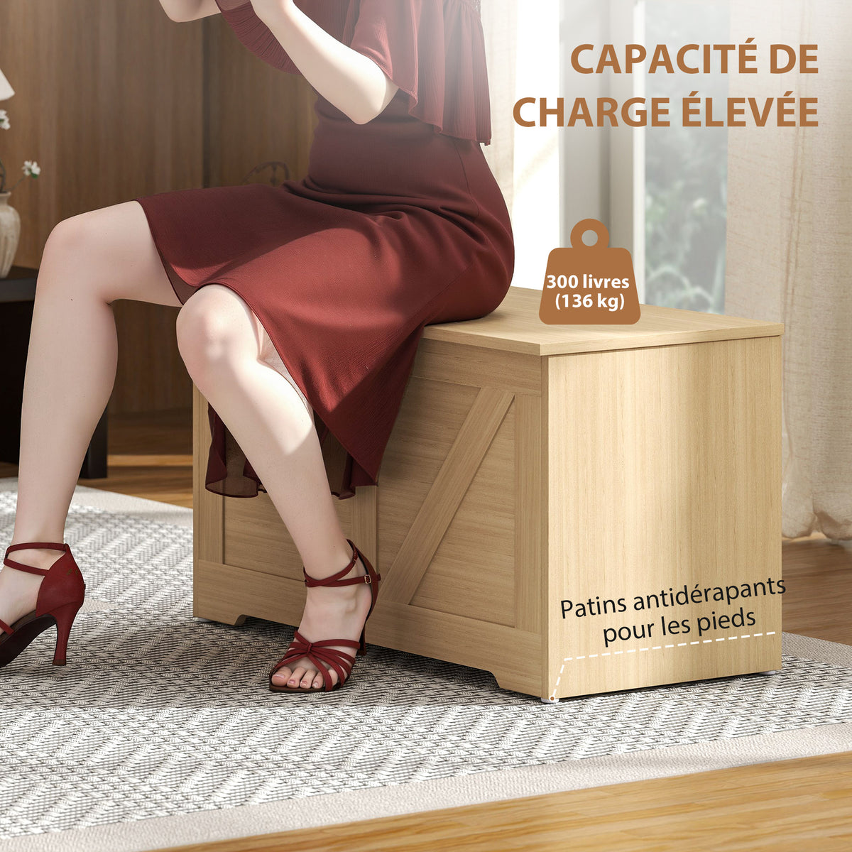 Coffre de rangement, banc de rangement avec couvercle rabattable et charnières de sécurité, 80 x 40 x 45 cm, bois naturel-6