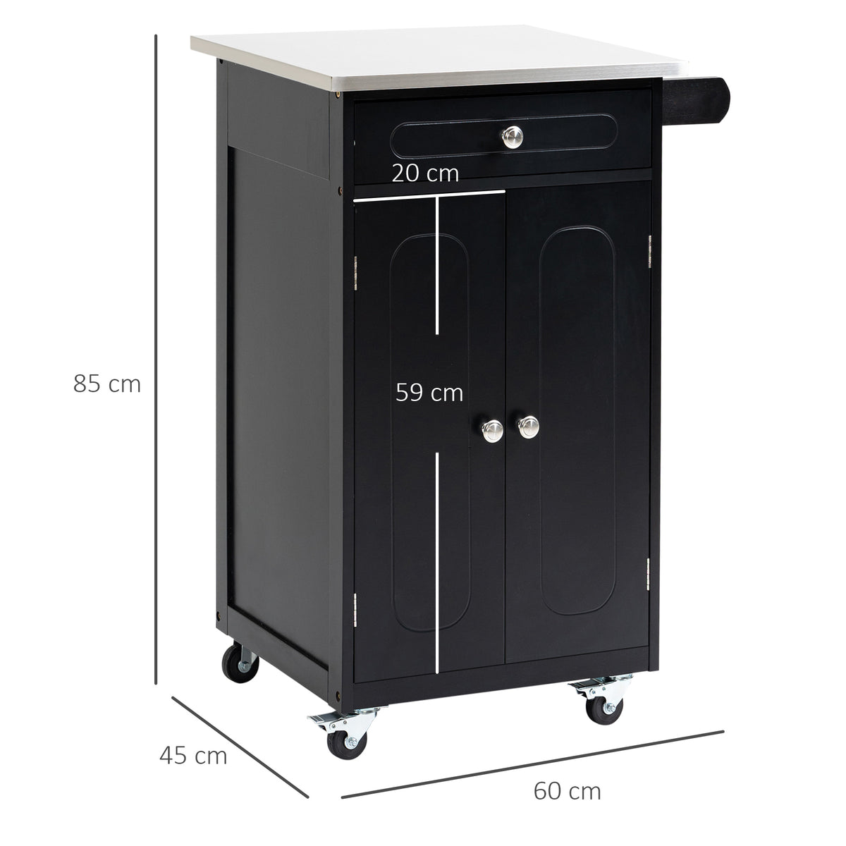 Chariot de service desserte de cuisine à roulettes multi-rangements 1 tiroir placard 2 portes avec étagère porte-torchons MDF noir acier inoxydable-2