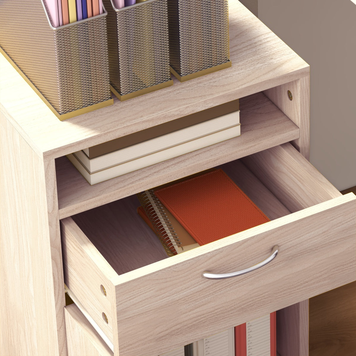 Caisson de bureau à roulettes avec tiroir placard et niche pour documents et dossier suspendu 40 x 35 x 60 cm chêne-8