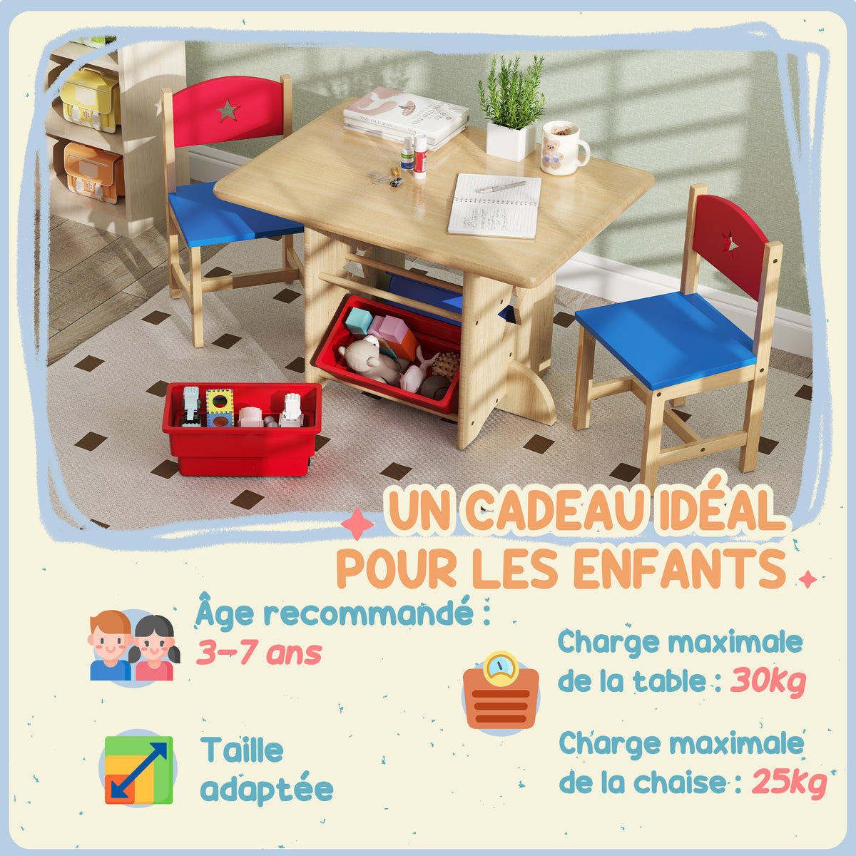 Table enfant avec 2 chaises ensemble table et chaises enfants 3 pièces en bois avec 4 bacs de rangement bois naturel-5