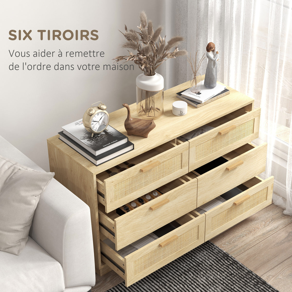 Commode design bohème en rotin avec 6 tiroirs, meuble de rangement pour le salon, le couloir, l'entrée, chêne-4