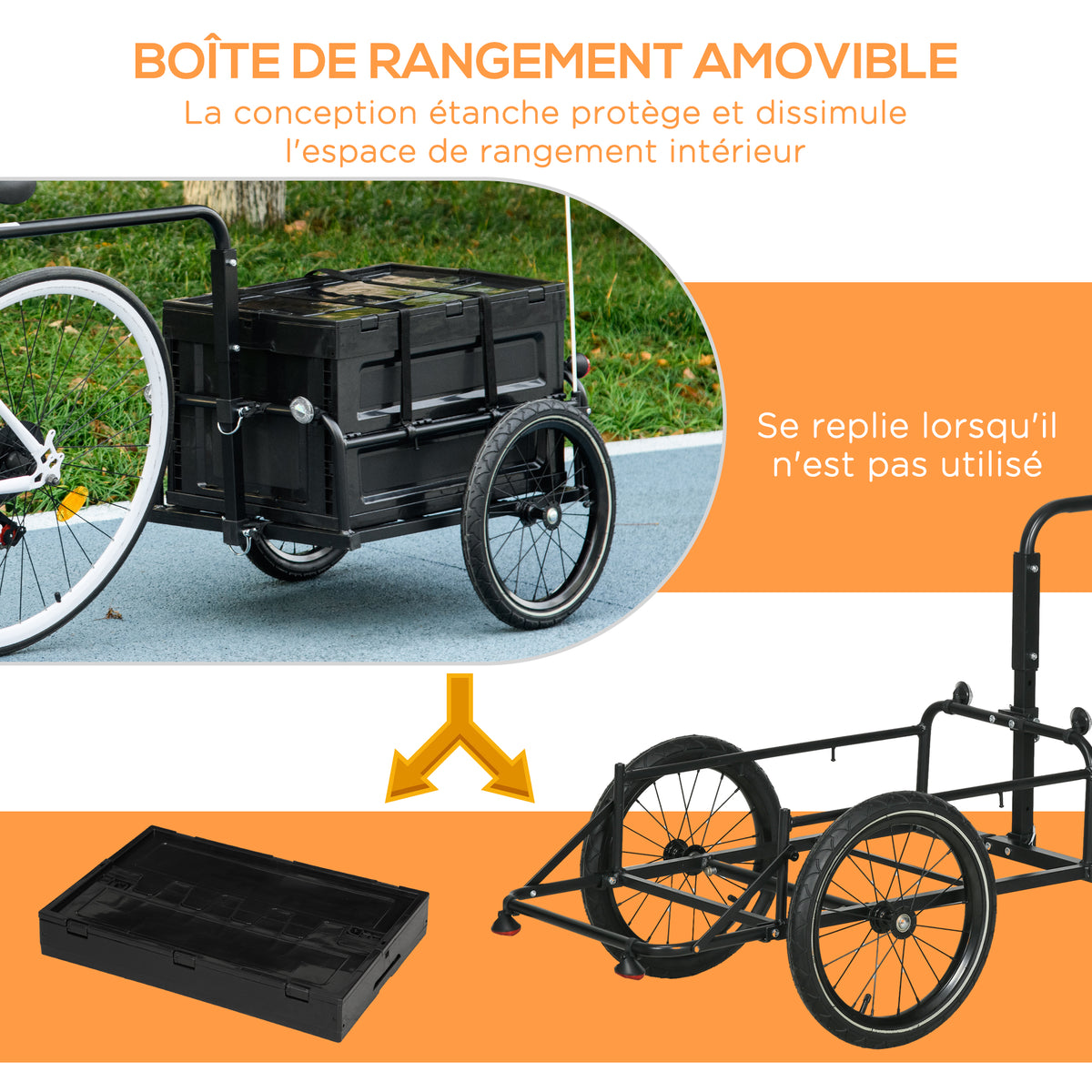 Remorque à vélo avec coffre de rangement amovible et pliable de 65L, réflecteurs de sécurité, charge max. 40KG, noir-3