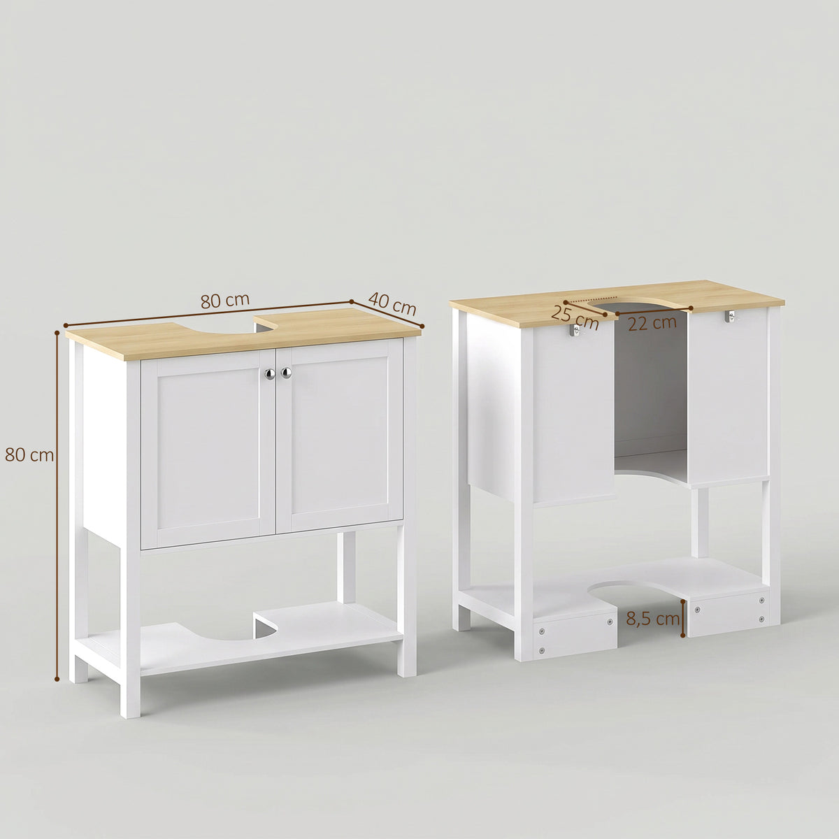 Meuble sous lavabo, meuble de salle de bain moderne avec 2 portes, étagère ouverte, découpe en U, 80 x 40 x 80 cm, blanc-2