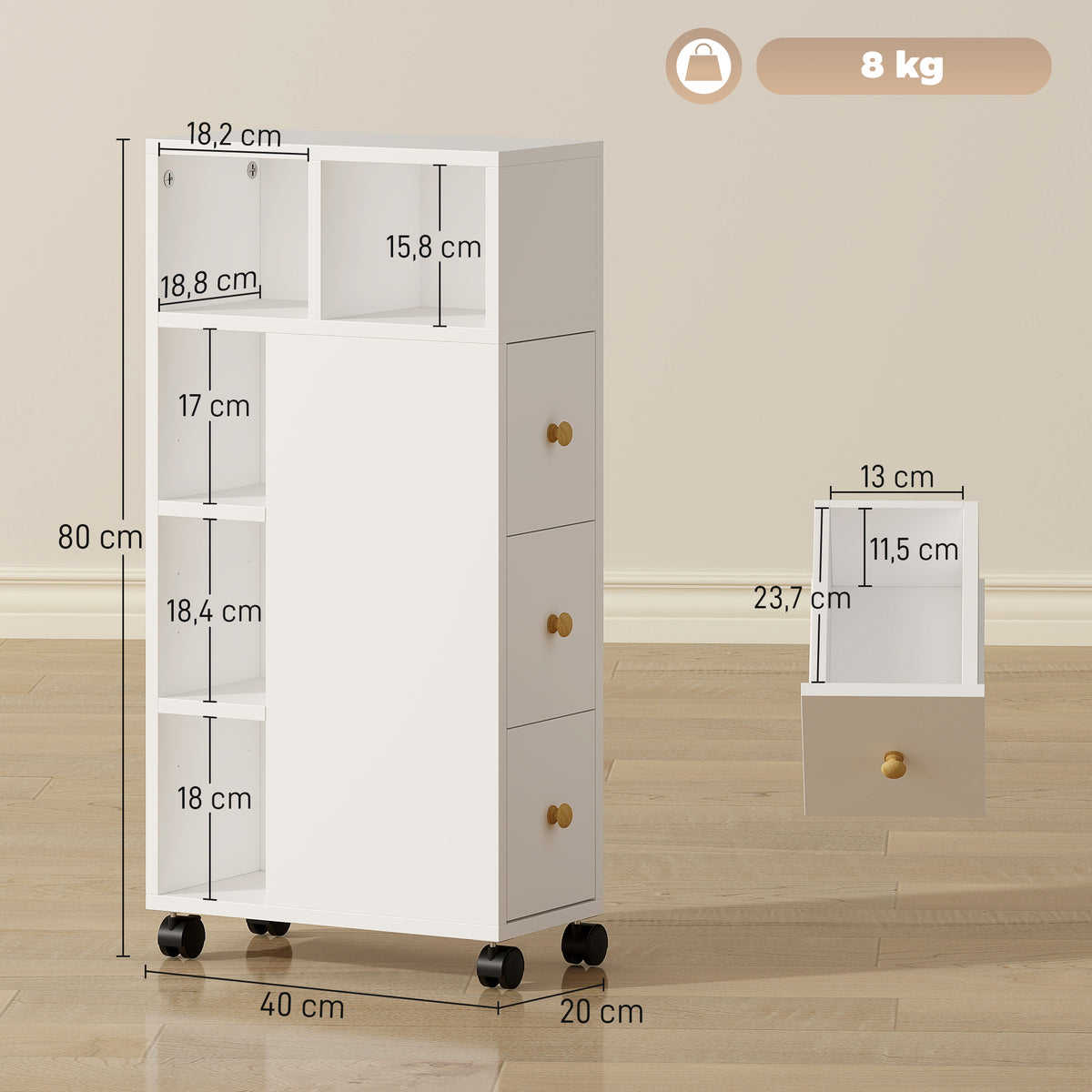 Meuble de salle de bain à roulettes, meuble de rangement étroit, 3 tiroirs, 5 compartiments ouverts,  20x40x80cm, blanc-2