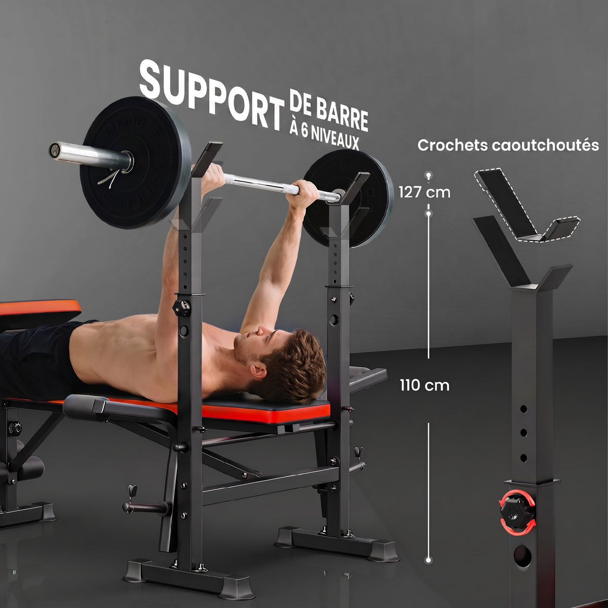 Banc de musculation Fitness entrainement complet avec support d'haltères dossier réglable acier 175 x 139 x 127 cm noir-4